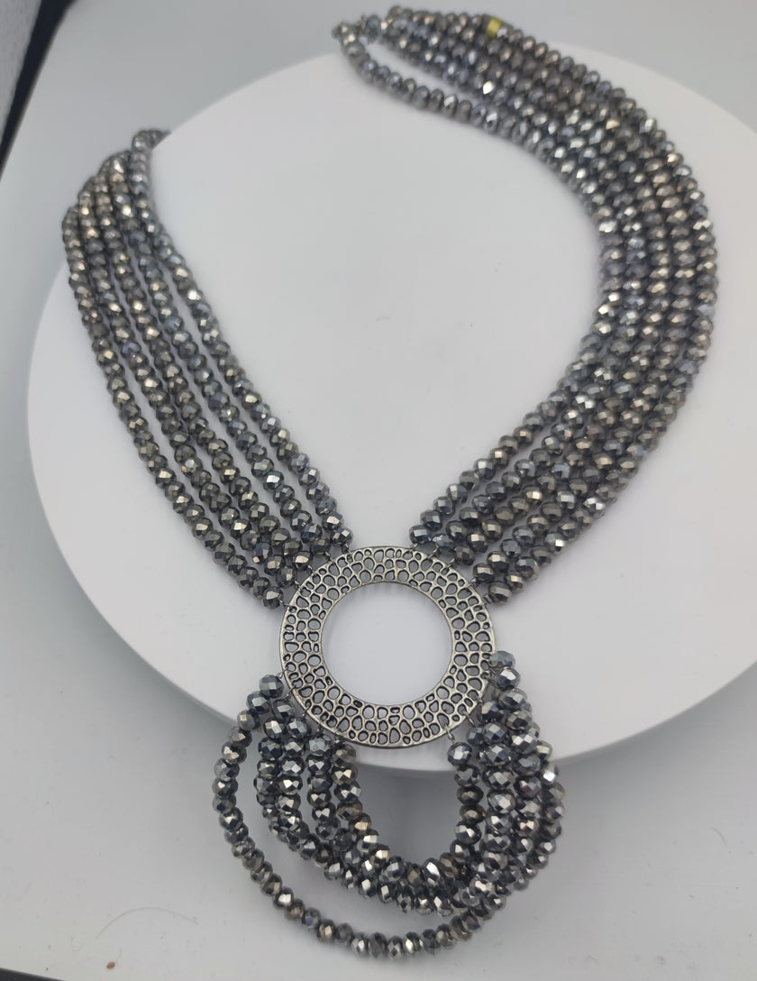 Multi-layer necklace with gray glass beads