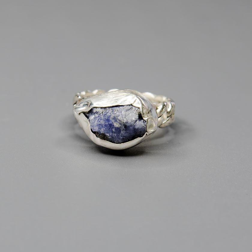 Silver ring with raw tanzanite