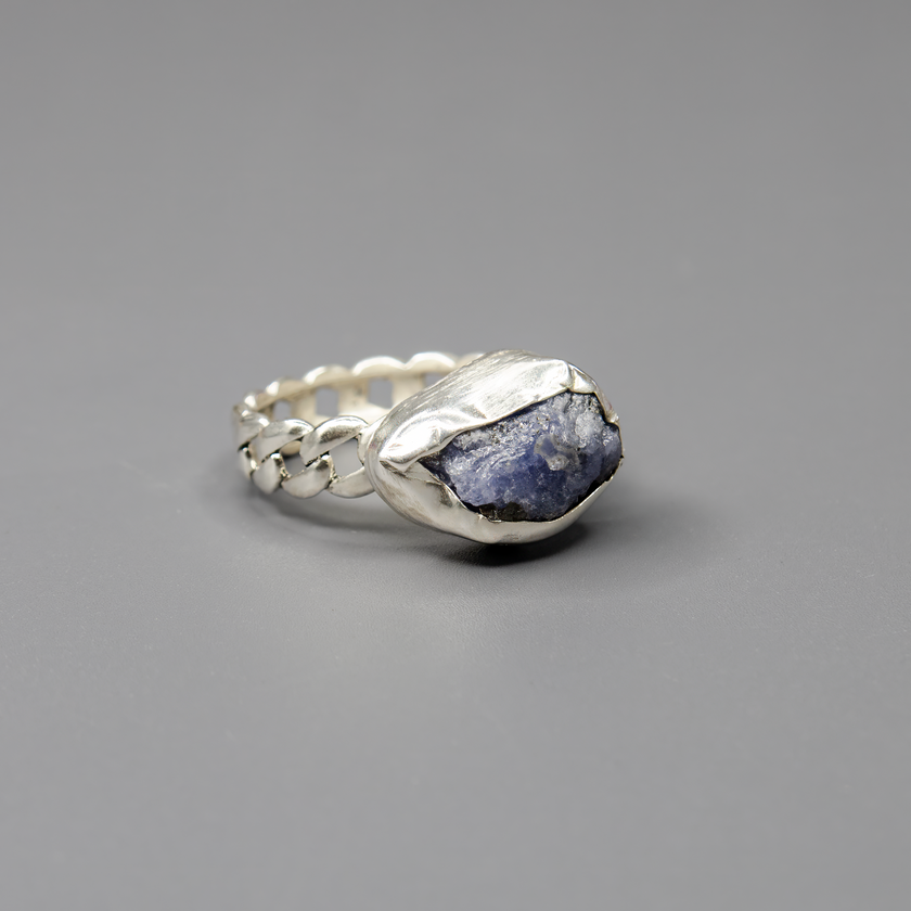 Silver ring with raw tanzanite