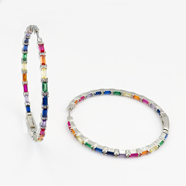 Luxurious large hoop earrings with a multi-colored zirconia stone