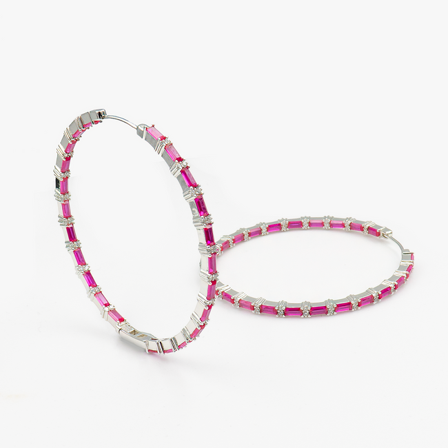 Luxurious hoop earrings with ruby ​​colored zirconia stone