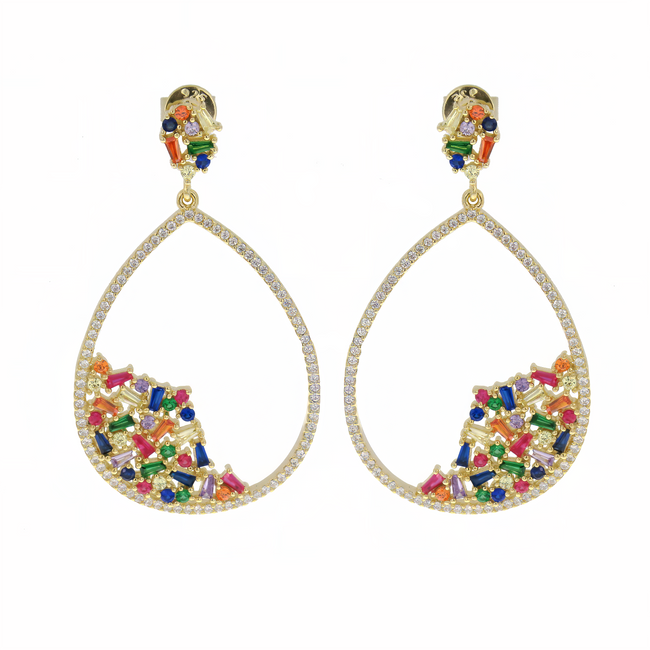 Luxurious silver evening earrings with gold plating and multicolored