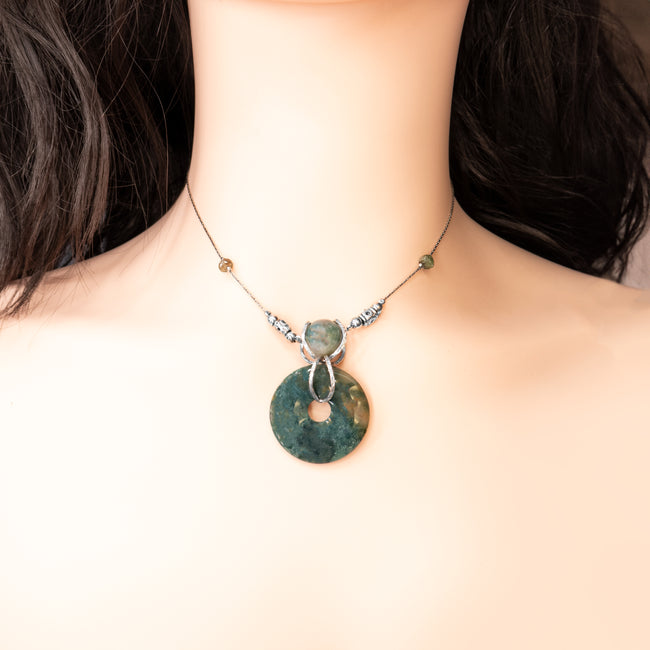 Silver necklace with moss agate