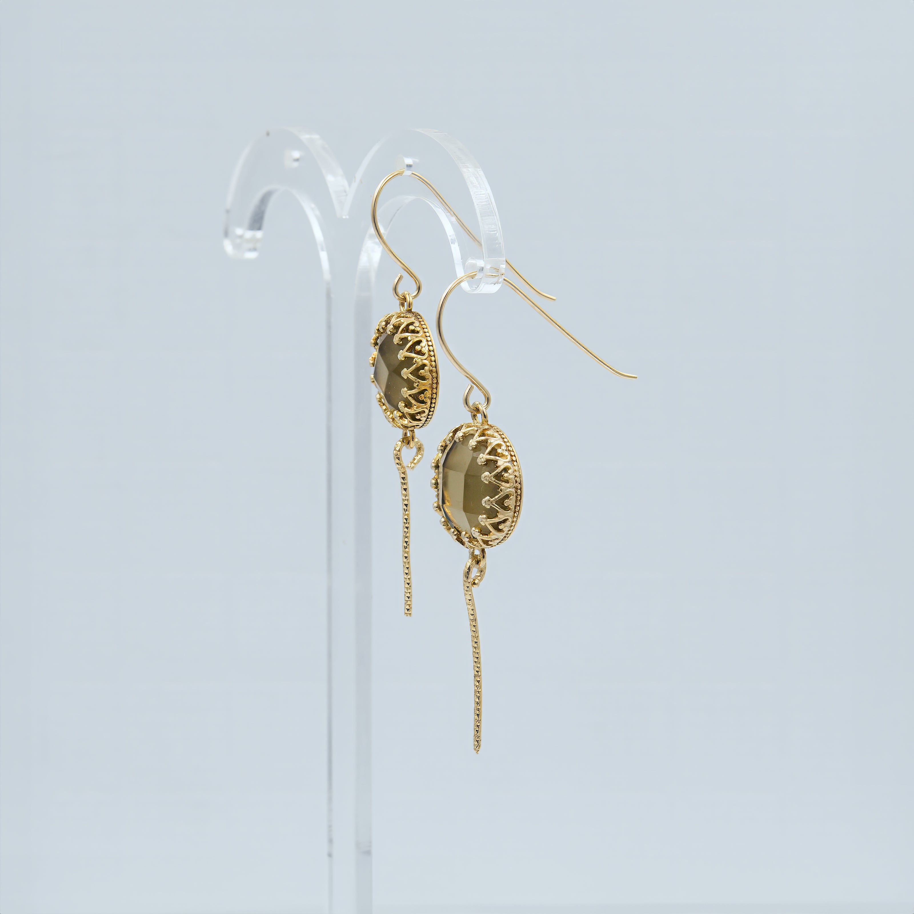 Dangling silver earrings with smokey topaz opalite