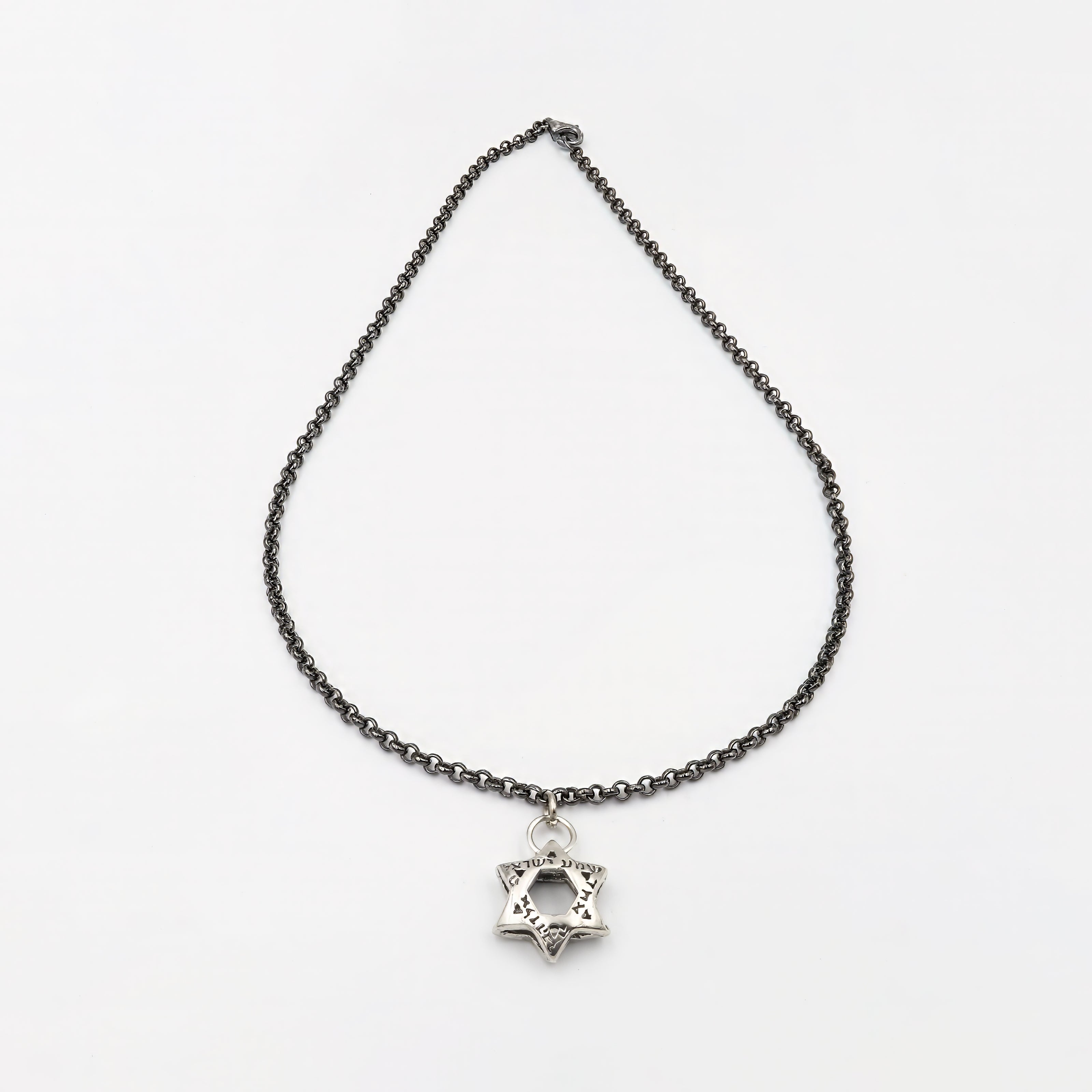 שרשרת כסף יוקרתית לגבר, בציפוי מתכתי כהה במראה עכשווי, ללא אבנים. במרכז השרשרת תליון מגן דוד בעיצוב גאומטרי מדויק, המשדר עומק רוחני וזהות אישית. המראה המתכתי הכהה מעניק לתכשיט מראה עוצמתי ומדויק, המתאימה לגבר שמחפש אמירה ברורה עם מראה עדכני ומוקפד. העיצוב הנקי משתלב בצורה מושלמת עם מגוון סגנונות לבוש – יומיומי או אלגנטי – ומשדר קו מאופק עם תוכן עמוק. שרשרת עם ערך רגשי ועיצוב מדויק, כסמל זהות או כאביזר שמשלים הופעה עם עומק וסיפור.