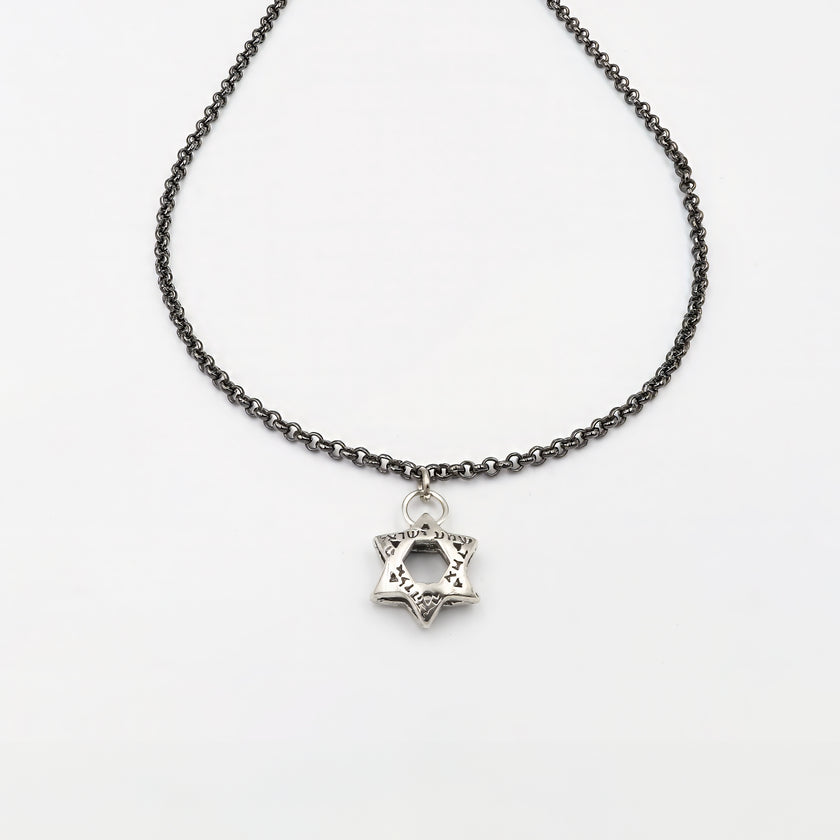שרשרת כסף יוקרתית לגבר, בגימור רותניום חלק ומוקפד, ללא אבנים. במרכז השרשרת תליון מגן דוד בעיצוב גאומטרי מדויק, המשדר נוכחות סמלית ומודרנית. המראה המתכתי הכהה מעניק לתכשיט עיצוב בולט אך מאופק, המתאימה לגבר שמחפש אמירה ברורה עם מראה עדכני ומוקפד. העיצוב הנקי משתלב בצורה מושלמת עם מגוון סגנונות לבוש – יומיומי או אלגנטי – ומשדר קו מאופק עם תוכן עמוק. שרשרת עם ערך רגשי ועיצוב מדויק, כסמל זהות או כאביזר שמשלים הופעה עם עומק וסיפור.
