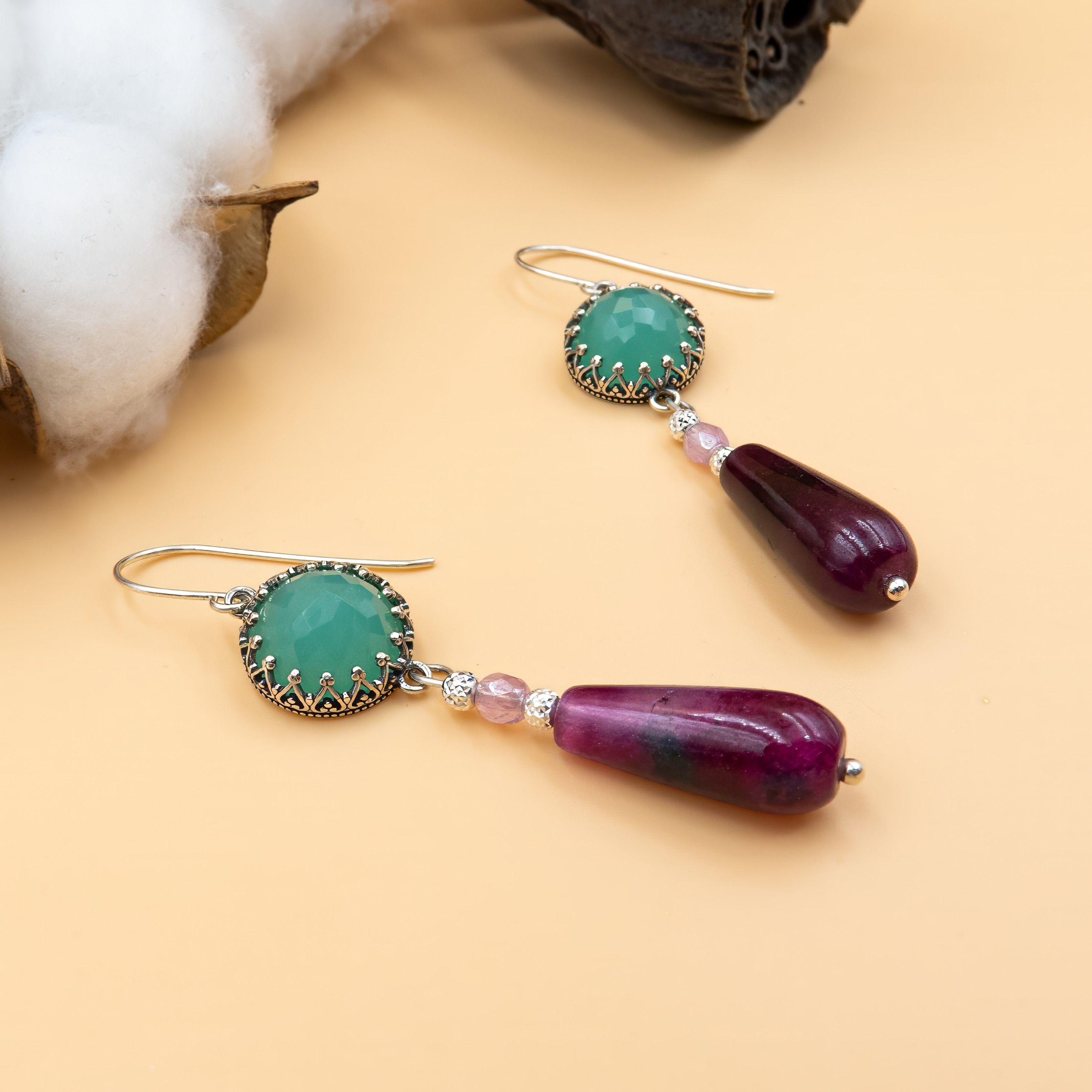 Dangling silver earrings with green opalite and burgundy agate