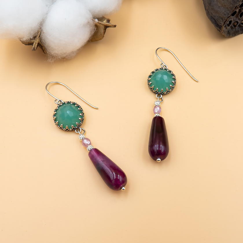 Dangling silver earrings with green opalite and burgundy agate