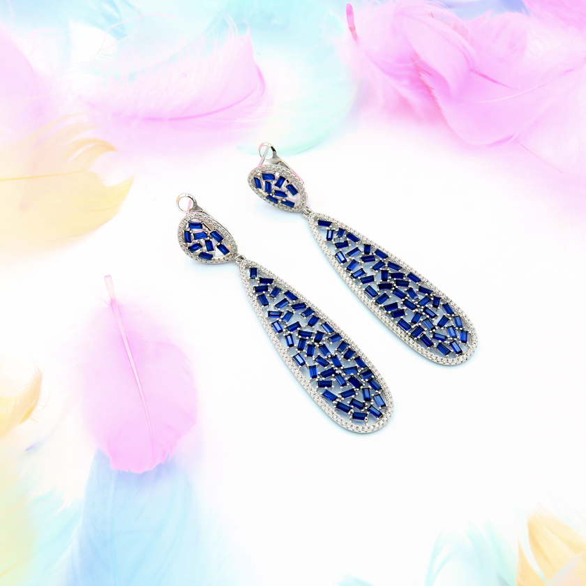 עגילי כסף ארוכים יוקרתיים עם קריסטלים בגווני ספיר