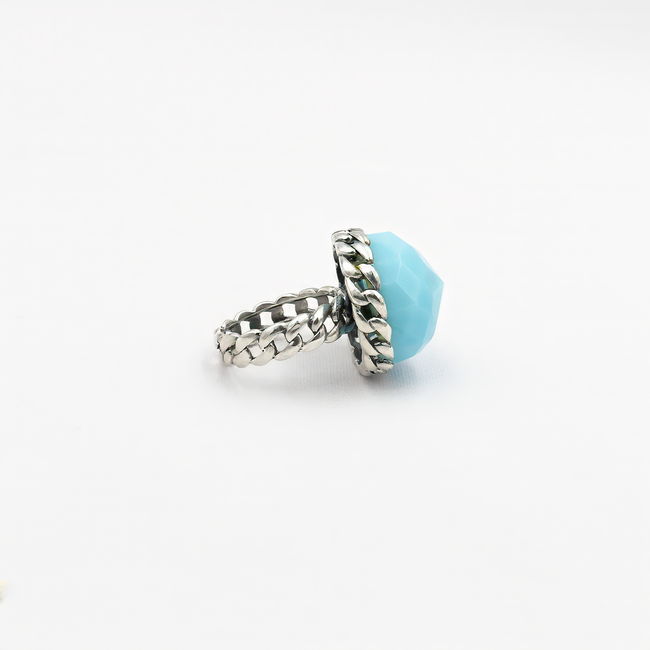 A special silver ring with a light blue opalite