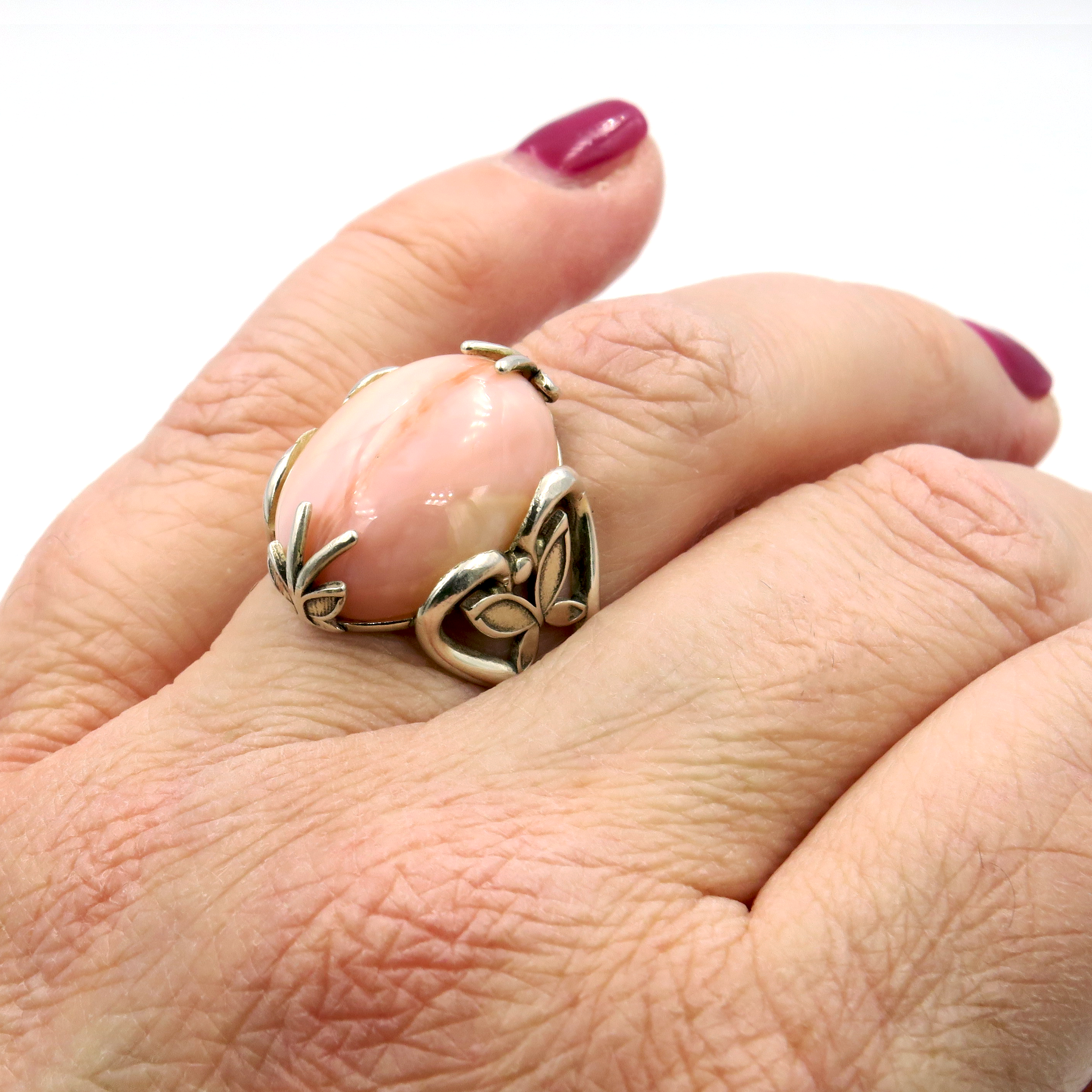 Silver ring with natural pink opal