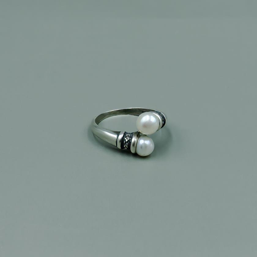 טבעת כסף עם פנינה Duo de Perles