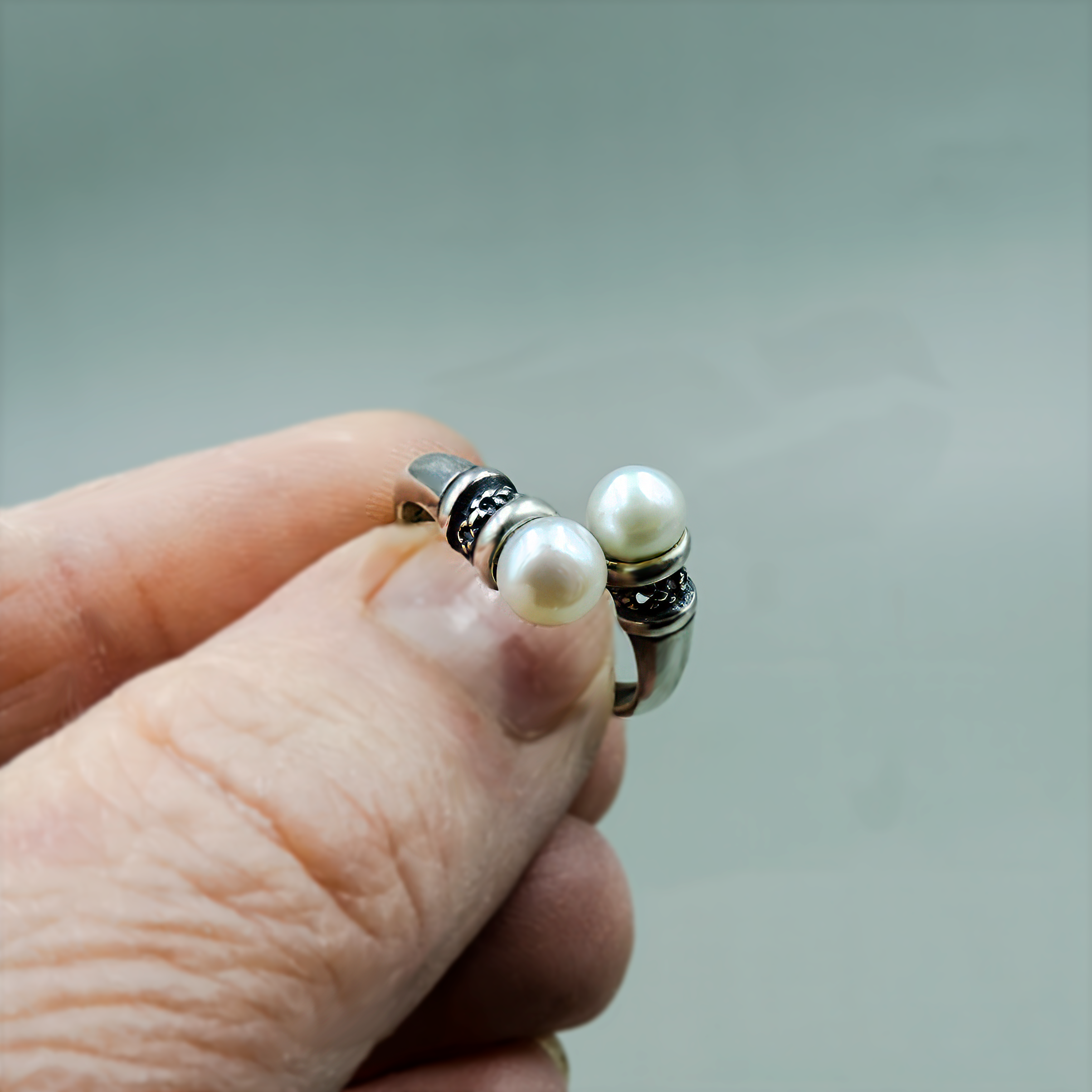 טבעת כסף עם פנינה Duo de Perles