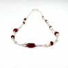 Silver chain, white pearls and red glass beads