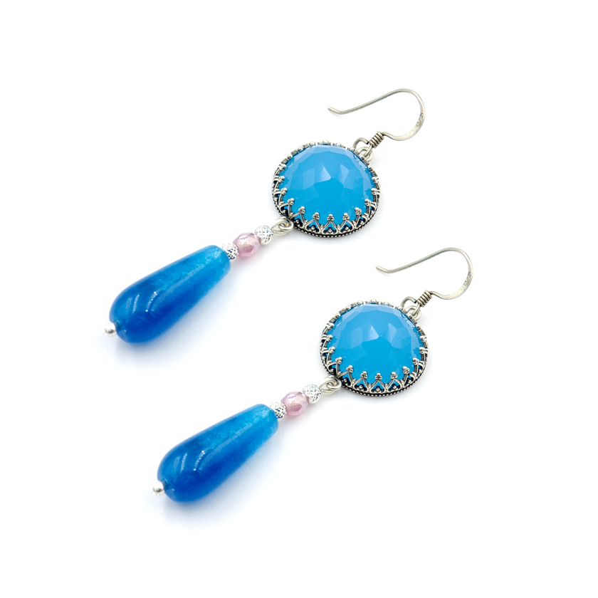 עגילים תלוים מכסף עם אופליט ואגת כחולים