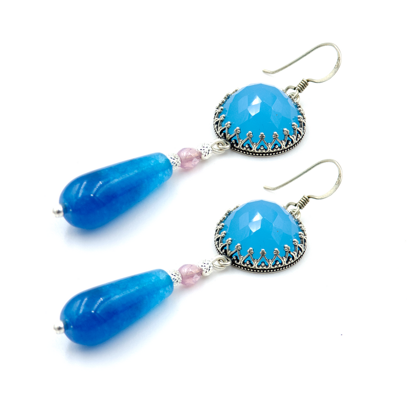 עגילים תלוים מכסף עם אופליט ואגת כחולים