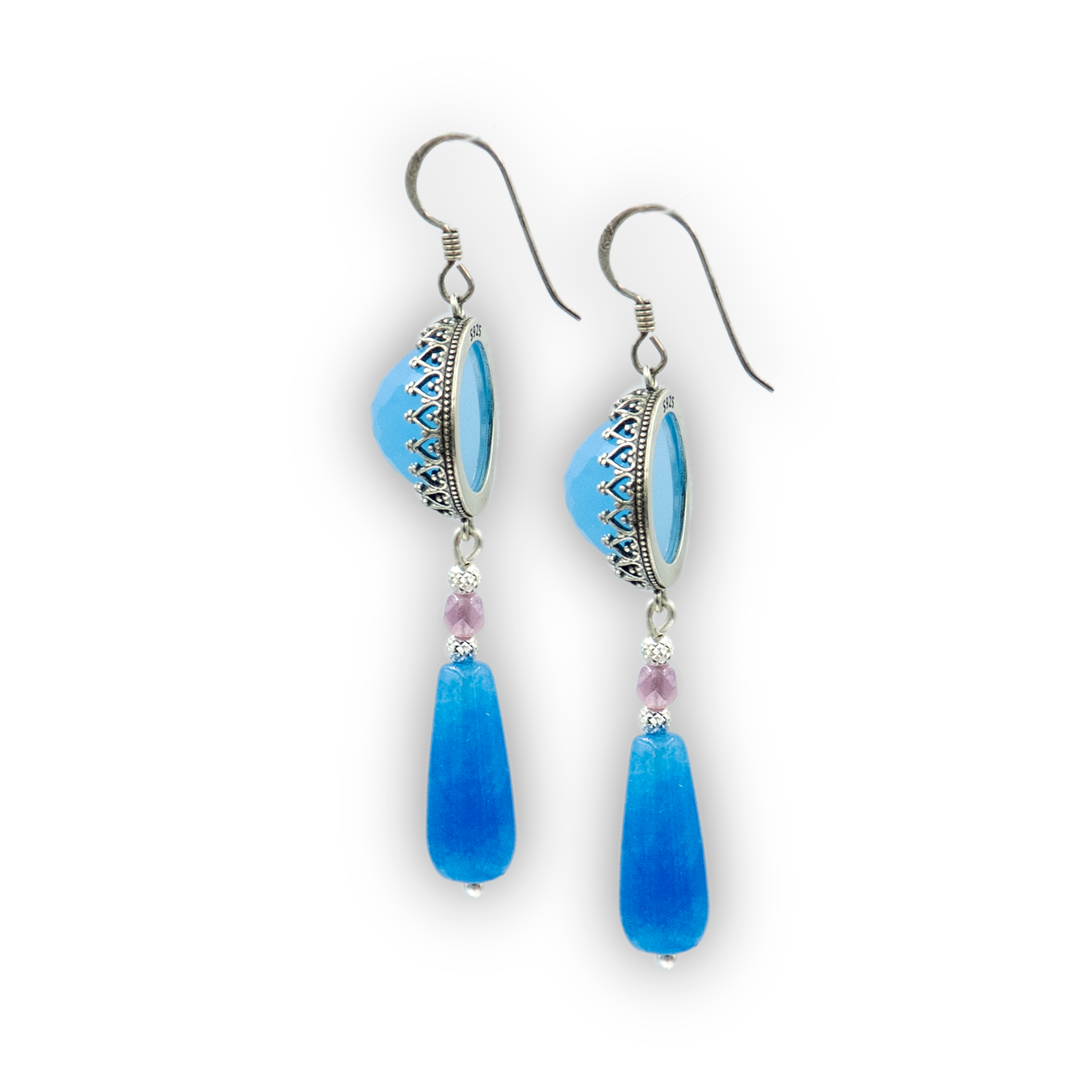 עגילים תלוים מכסף עם אופליט ואגת כחולים