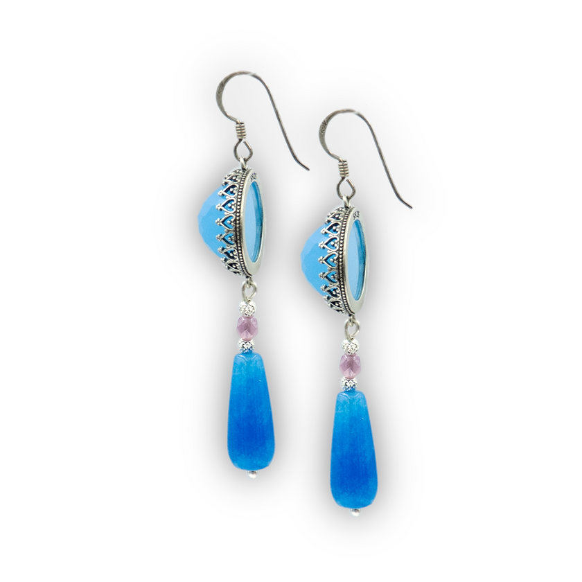 עגילים תלוים מכסף עם אופליט ואגת כחולים