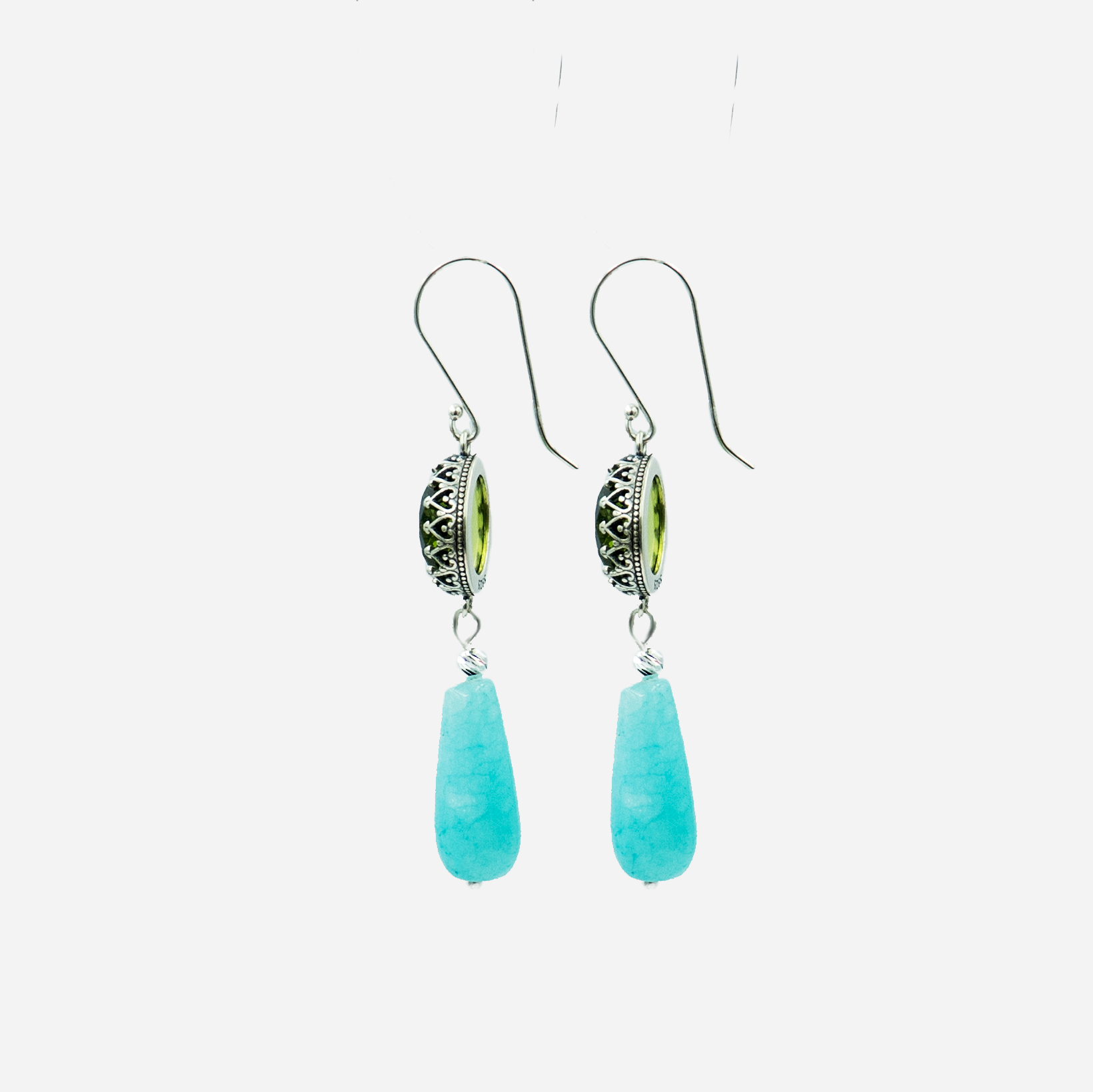 Statement drop earrings combining two striking elements: a lime-green faceted gemstone set in a vintage-style silver bezel, and a polished turquoise blue teardrop dangling below. These earrings are a unique fusion of elegance and creativity, ideal for adding a fresh pop of color to any outfit. Perfect for gifts, events, or self-expression.

