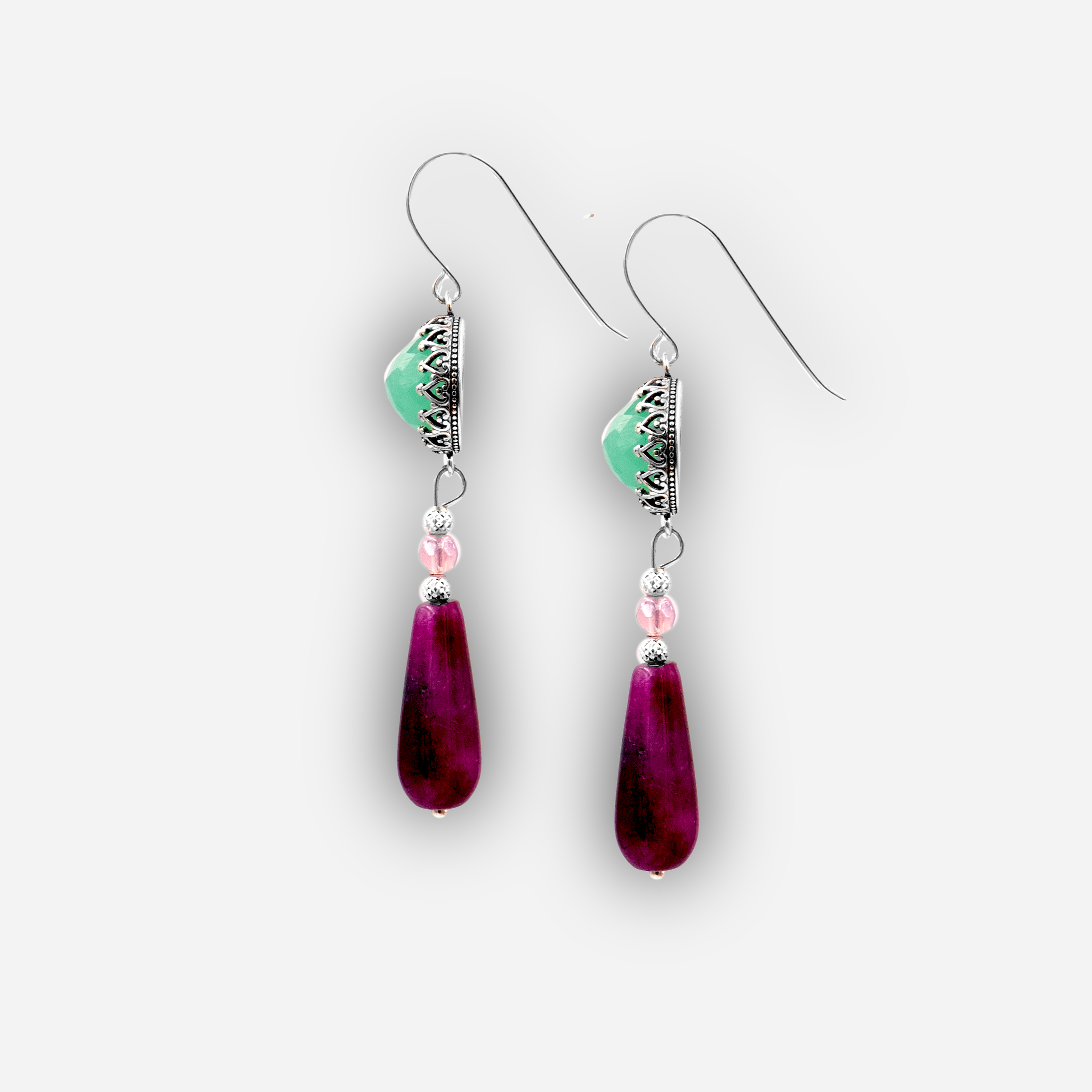 Dangling silver earrings with green opalite and burgundy agate