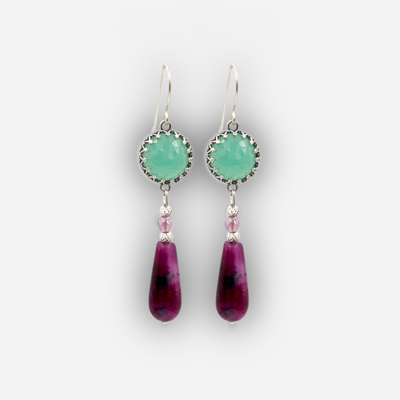 Dangling silver earrings with green opalite and burgundy agate