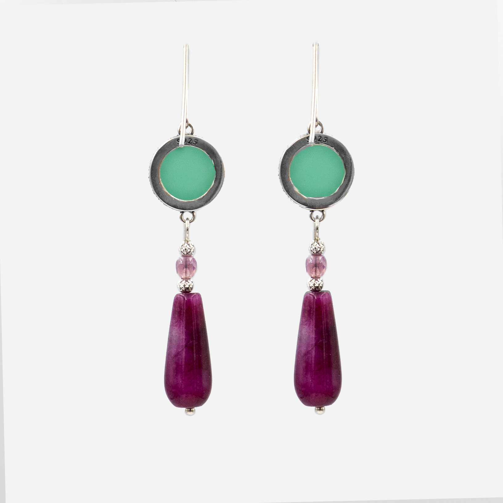 Dangling silver earrings with green opalite and burgundy agate