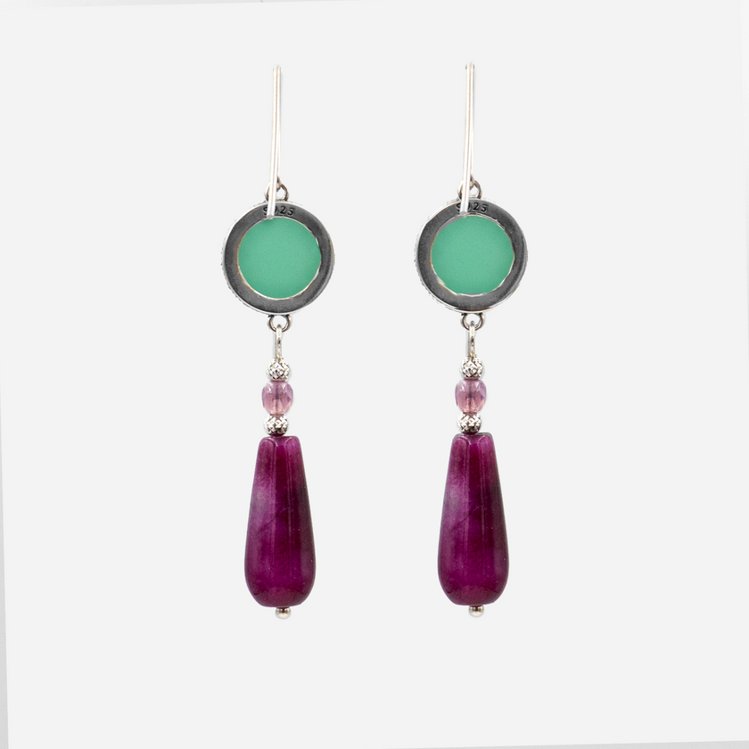 Dangling silver earrings with green opalite and burgundy agate