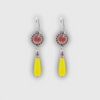 Dangling silver earrings with a pink opalite and a yellow agate drop