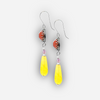 Dangling silver earrings with a pink opalite and a yellow agate drop