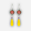 Dangling silver earrings with a pink opalite and a yellow agate drop