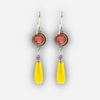 Dangling silver earrings with a pink opalite and a yellow agate drop