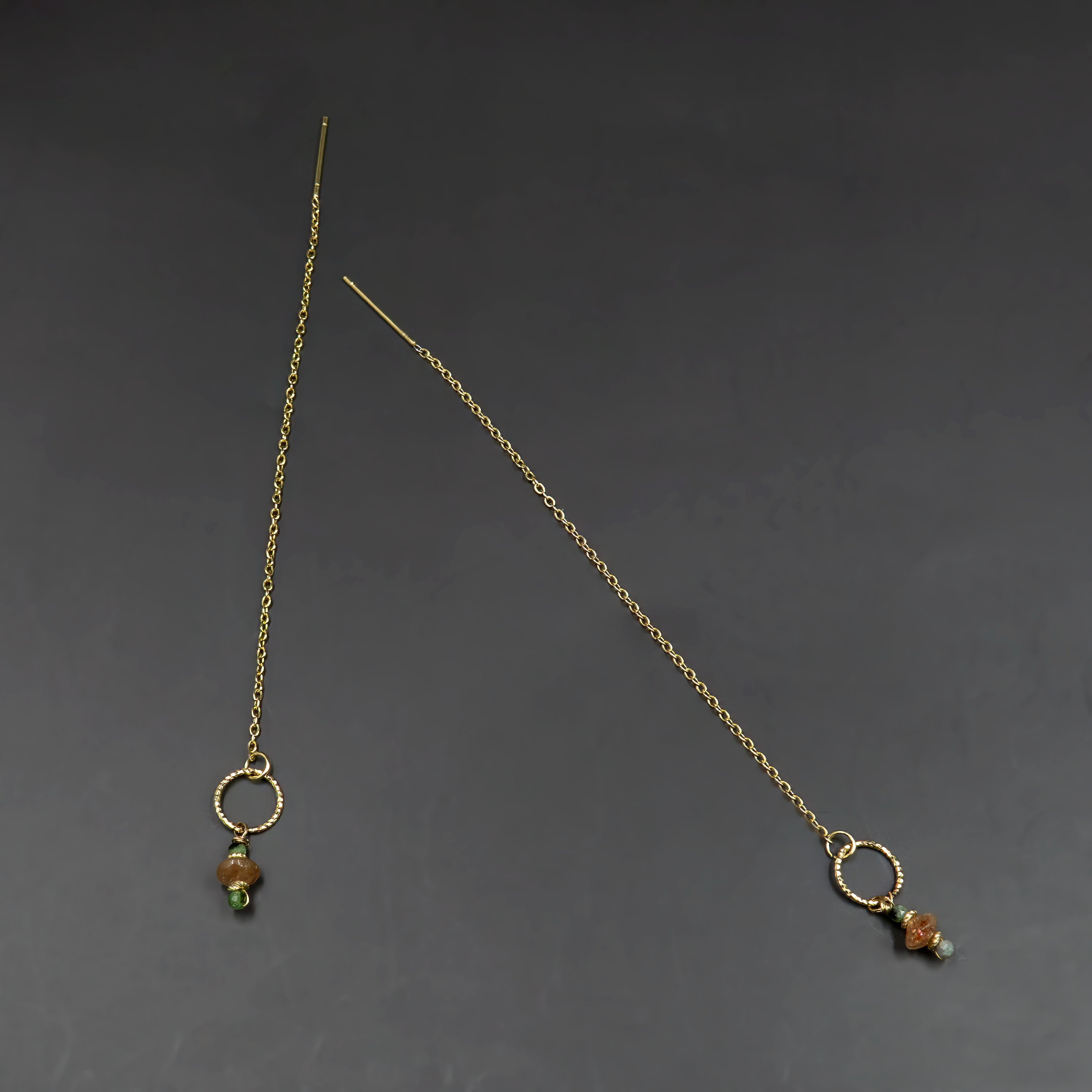 14 carat gold chain earrings with zoisite and sunstone