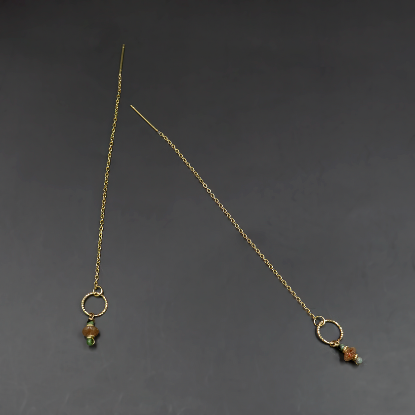 14 carat gold chain earrings with zoisite and sunstone