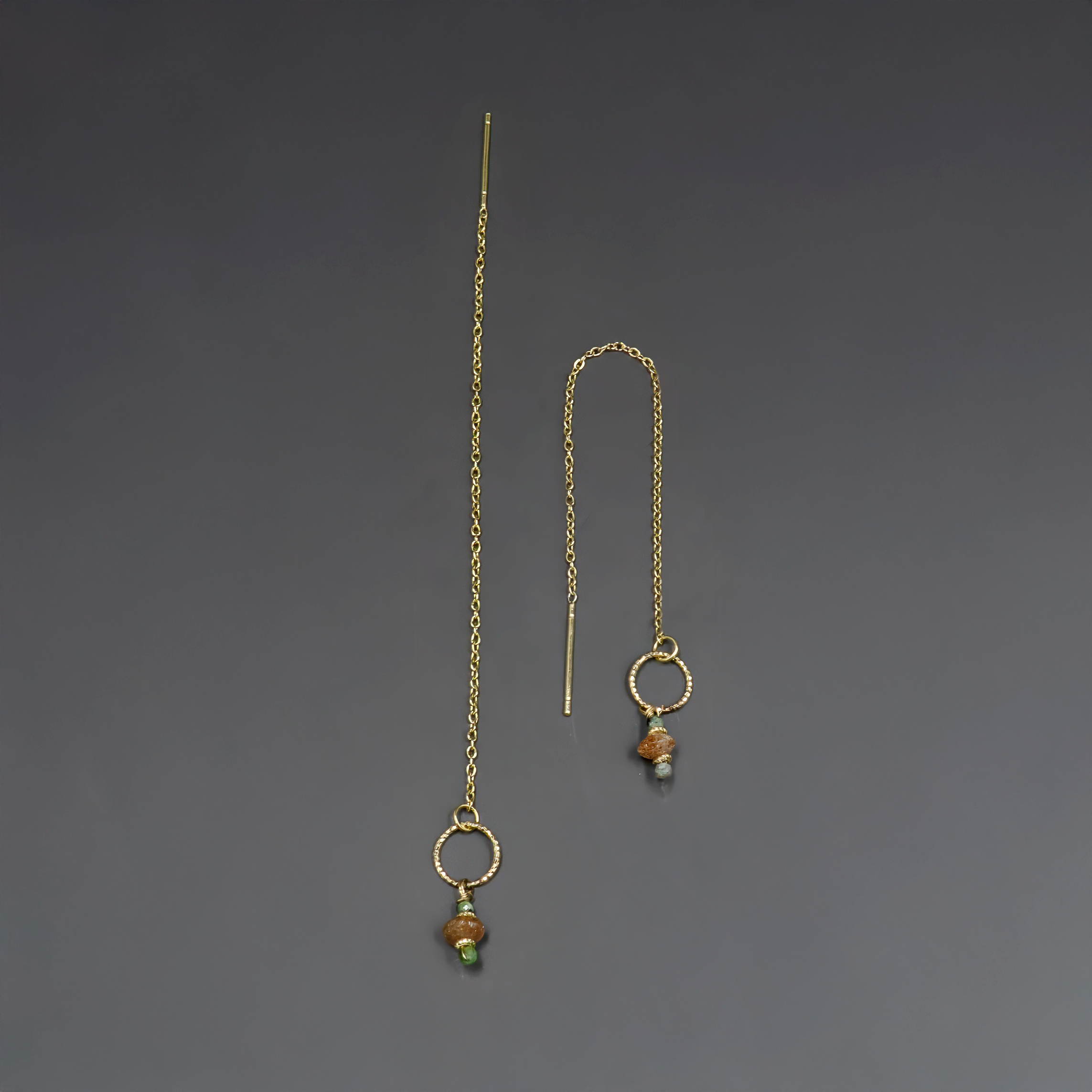 14 carat gold chain earrings with zoisite and sunstone