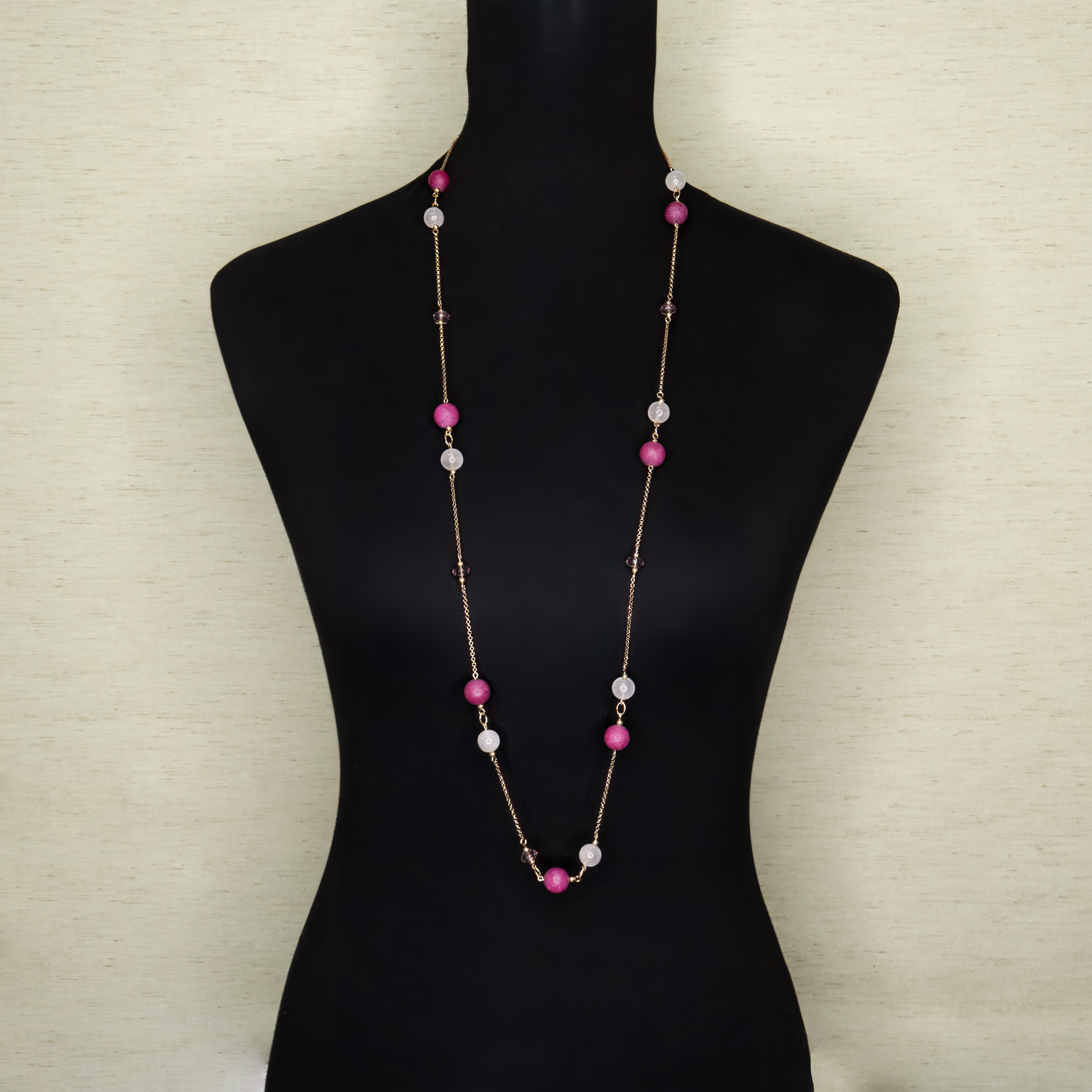 שרשרת אגת סגול-ורוד ורוז קוורץ ארוכה