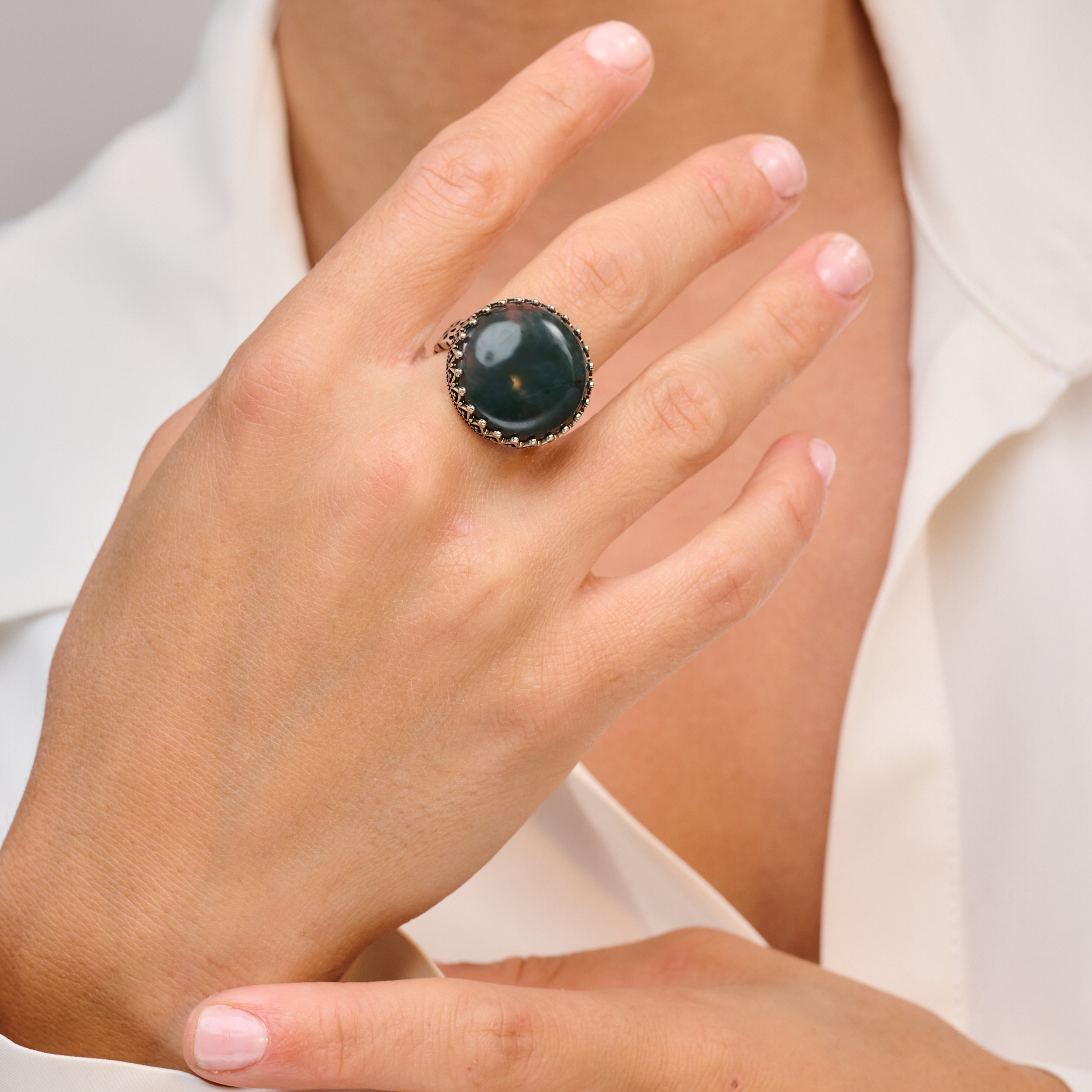 טבעת כסף עם מוס אגת