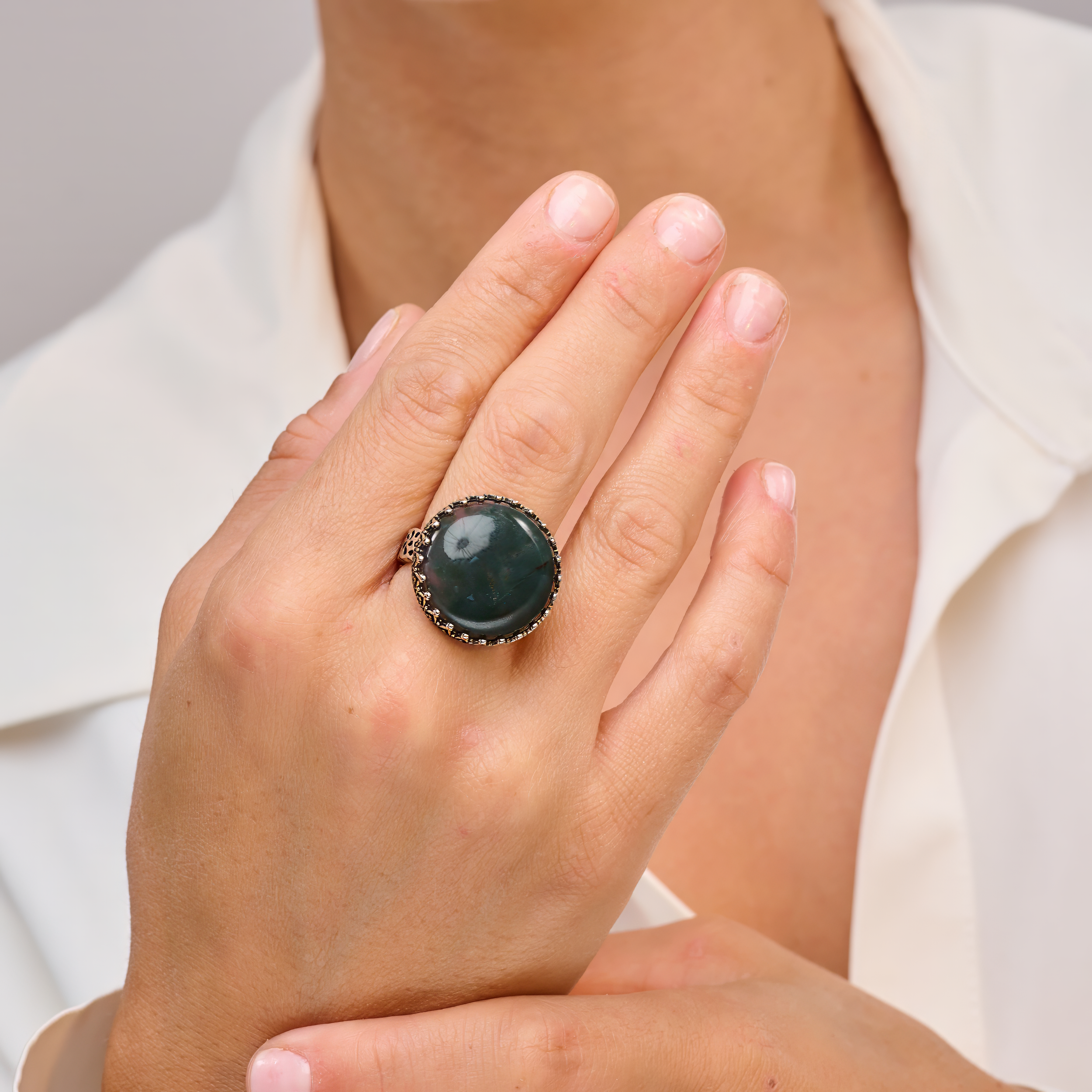 טבעת כסף עם מוס אגת